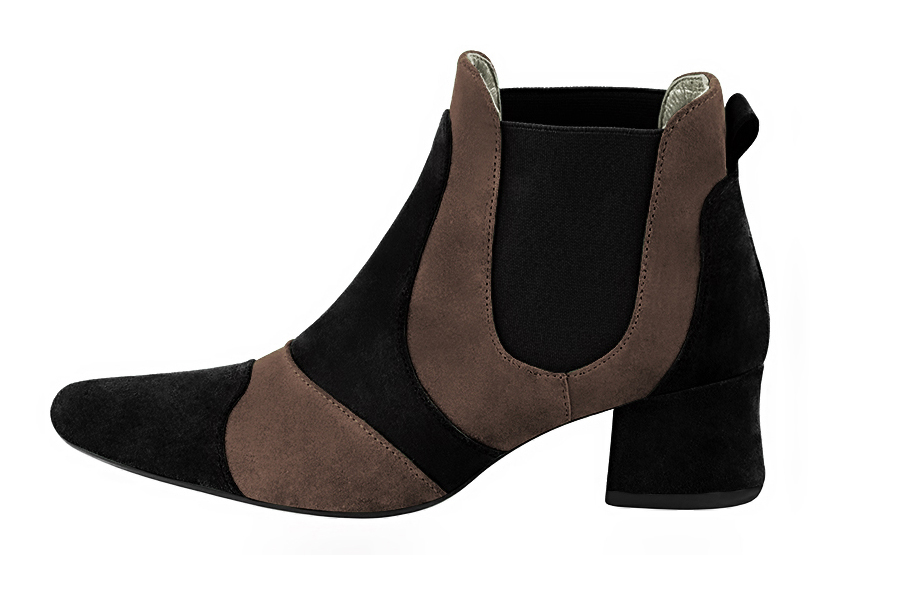 Matt black and chocolate brown women's ankle boots, with elastics. Round toe. Low flare heels. Profile view - Florence KOOIJMAN